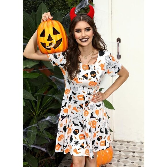 Halloween Dress for Women Short Sleeves Vintage Style A-Line Party Dresses - Picture 5 of 7